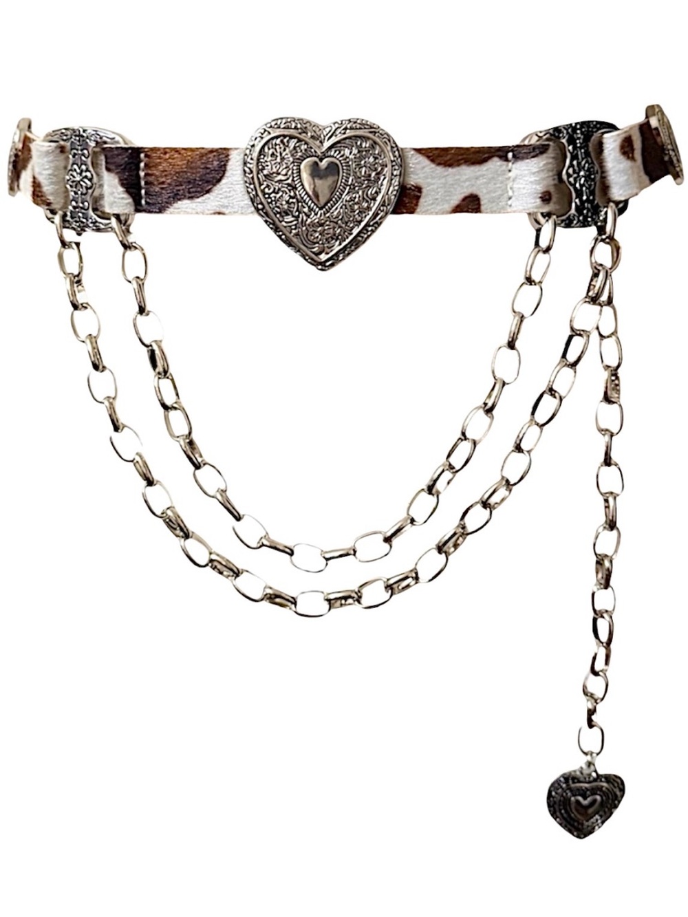 Haute Hippie Cow Print faux fur Hair-on-Hide Heart Chain Belt NWT - Picture 1 of 13